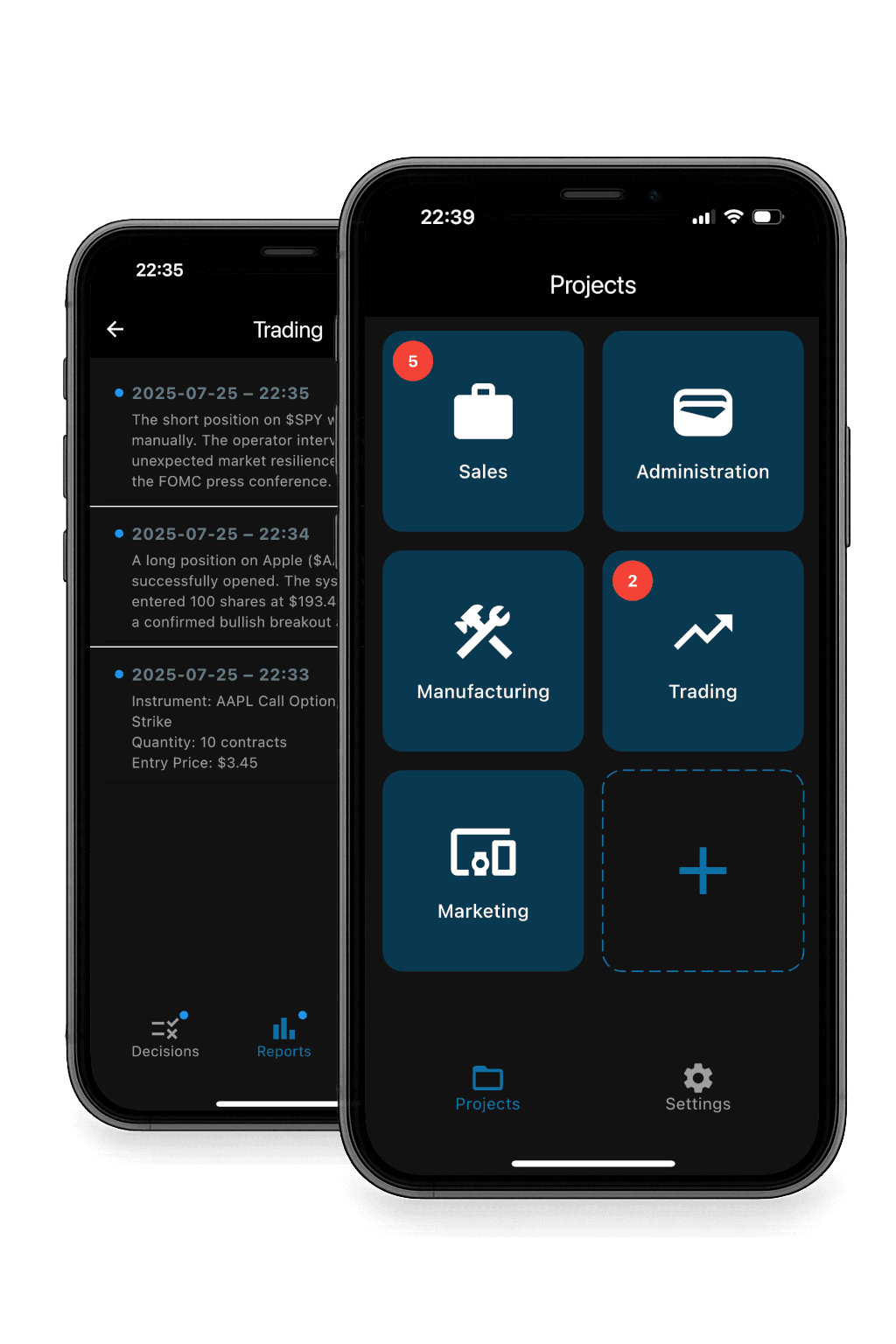 Two phones showing Togi: Projects and Reports